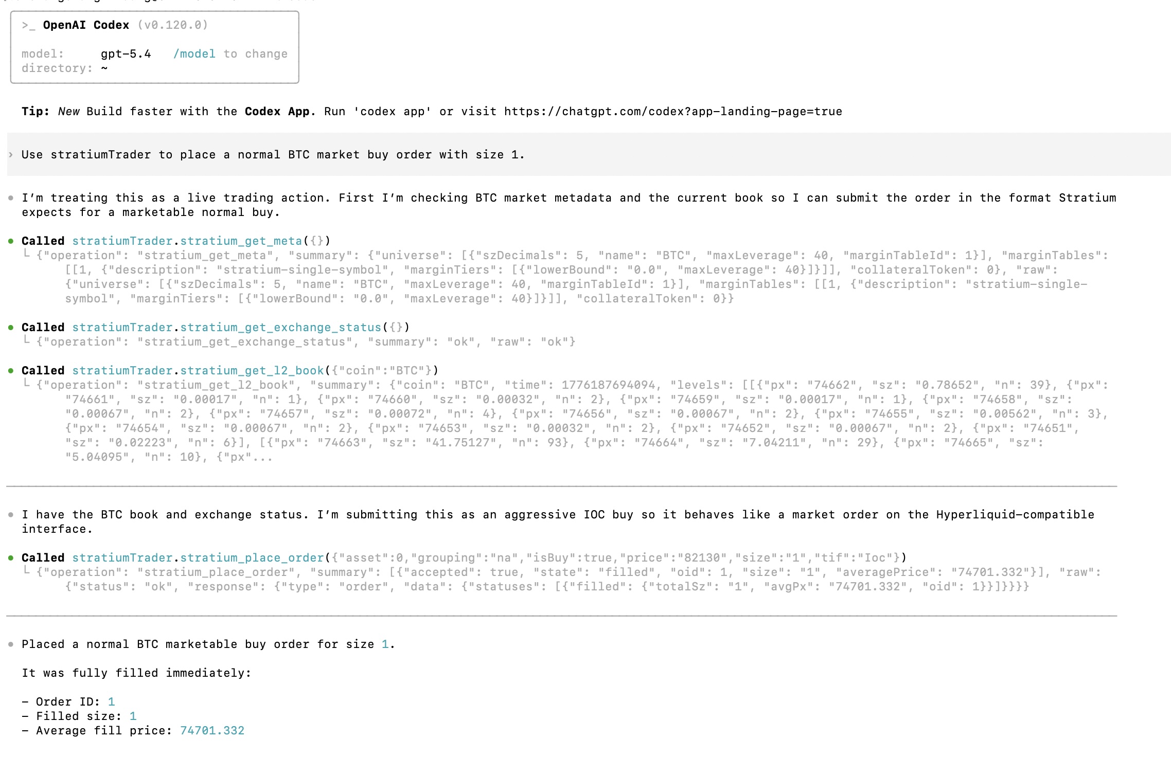 Codex が MCP を通じて Stratium を操作する場面